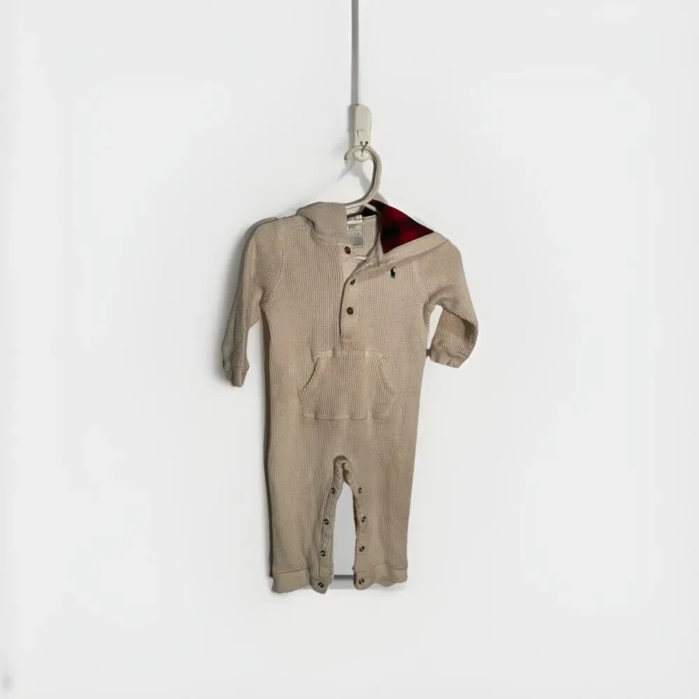 Ralph Lauren Cream‎ Waffle Jumpsuit 9 Month With Plaid Hood